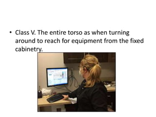 • Class V. The entire torso as when turning
around to reach for equipment from the fixed
cabinetry.
 