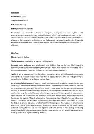 Idea Three
Name:StevenToone
Target Audience:16-21
Sub-Genre:Revenge
Setting:Rural setting(Forest)
Description: I wouldlike tobreakthe cliché of mengettingrevenge onwomen,soinmyfilmIwould
prefera womanto go afterthe man. I would like tostartoff ina rural area because itmakesall the
characters more vulnerableandsecluded,thiswill buildthe suspense.The backstoryisthat the man
cheatedonthe woman withherbestfriendandshe became apsycho andveryobsessive.She wants
to destroyhislife andmake itharderby messingwithhimandmake himgocrazy, whichiswhat he
didto her.
Idea Four:
Idea by: Melania Burlacu
Thriller sub-genre: psychological revenge thriller opening
Intended target audience: Are people aged over 15-25 as they are the most likely to watch
somethinglikethisandshare the openingthroughsocial media.Alsothey are the ones to feel close
to the character as they are more likely to have been cheated on previously.
Setting:It will be basedaroundcentral Londonor somewhere where tall buildingsandemptystreets
are in order to give that sinister view even if it’s in a populated area. This will end up filming in
school for the flashbacks as well as the torture place.
Description of what happens: It’s about a couple that has the girlfriend being insulated by the boy
as he shoutsin the middle of the school that he doesn’t love her anymore and that he had cheated
on herwithsomeone othergirl. The girlfriend is really embarrassed and she is shown as she wants
revenge onhim.Howeverthe openingstartswithanunknowngirl thatwatchesfromfar as we don’t
see her face only the back of her as she is talking on a phone whilst she gives instructions to the
other girls that are following the boy (friends of hers) to get the boy where they want in order for
herto have the revenge.The girlswill complete theirmissionastheywill getthe boyandkidnaphim
ina dark place whilstone willaskfordirectionsandthe otherone hitting him from the back. Before
he starts to became consciouswe have flashbackfromthe girlspointof view as she is remembering
everything that he did to her whilst she is cleaning the torture instruments and the opening ends
with him starting to wake up and sees a person that turns around as he is staring and asking
questions and whilst the audience as well as the character sees the girl we will have an extreme
close up on his facial expression being in shock.
 