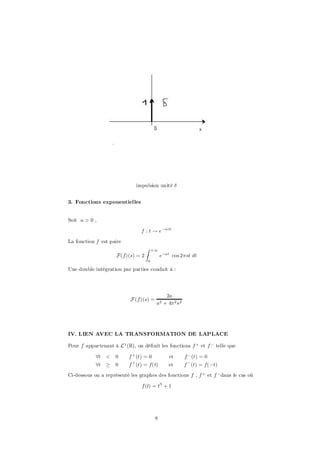 impulsion unité ±


3. Fonctions exponentielles


Soit a > 0 ,

                                f : t ! e ¡ajtj

La fonction f est paire
                                   Z   +1
                     F(f)(s) = 2            e¡at cos 2¼st dt
                                   0

Une double intégration par parties conduit à :




                                            2a
                           F (f)(s) =
                                        a2 + 4¼ 2 s 2




IV. LIEN AVEC LA TRANSFORMATION DE LAPLACE

Pour f appartenant à L 1 (R), on dé…nit les fonctions f + et f ¡ telle que

            8t   <   0    f + (t) = 0           et      f ¡ (t) = 0
            8t   ¸   0    f + (t) = f(t)       et       f ¡ (t) = f(¡t)

Ci-dessous on a représenté les graphes des fonctions f , f + et f ¡ dans le cas où

                                f (t) = t3 + 1




                                        8
 