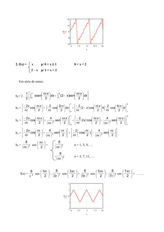 0 7.5 15 22.5 30
20
10
0
10
20
f( )x
x
2. f(x) = x p/ 0 < x ≤ 1 0 < x < 2
2 – x p/ 1 < x < 2
Em série de senos:
bn= 2 .
2
1












−+





∫∫ dx
xn
senxdx
xn
xsen
2
)2(
2
2
1
1
0
ππ
bn = ( )
2
1
1
0
2
4
cos
2
4
2
cos2
2
2
2
cos
2
2
cos
2


















−
−
+











+




−
∫∫ d
x
n
xn
x
n
dx
x
n
xn
n
x π
π
π
π
π
π
π
π
bn =
( )
( )
( )
2
1
2
1
0
2
2
4
2
cos2
2
2
4
2
cos
2












−




−
+











+




− xn
sen
n
xn
x
n
xn
sen
n
xn
n
x π
π
π
π
π
π
π
π
bn =
( ) ( )












−




−
+











+




−
2
4
)
2
cos(
2
2
4
2
cos
2
22
π
π
π
π
π
π
π
π
n
sen
n
n
n
n
sen
n
n
n
x
bn =
( )2
8
πn
sen 





2
πn
=
( )2
8
πn
n = 1, 5, 9, …
-
( )2
8
πn
n = 3, 7, 11, …
f(x) = 2
8
π
sen 





2
1 πx
-
( )2
3
8
π
sen 





2
3 πx
+
( )2
5
8
π
sen 





2
5 πx
-
( )2
7
8
π
sen 





2
7 πx
+ ……..
0 2.5 5 7.5 10
2
1
0
1
2
f( )x
x
 