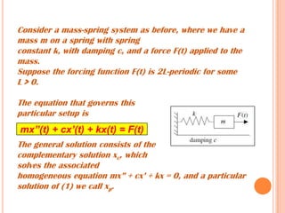Consider a mass-spring system as before, where we have a
mass m on a spring with spring
constant k, with damping c, and a force F(t) applied to the
mass.
Suppose the forcing function F(t) is 2L-periodic for some
L > 0.
The equation that governs this
particular setup is
The general solution consists of the
complementary solution xc, which
solves the associated
homogeneous equation mx” + cx’ + kx = 0, and a particular
solution of (1) we call xp.
mx”(t) + cx’(t) + kx(t) = F(t)
 