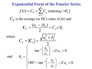 Exponential Form of the Fourier Series
0 0
1
( ) cos( )
N
n n
n
f t C C n t
 

  

is the average (or DC) value of f(t) and
0
C
( )
2
n n
n n n
a jb
C 

  
C
2 2
2
n n
n n
a b
C

 
C
and
where
1
1
tan ; if 0
180 tan ; if 0
n
n
n
n
n
n
n
b
a
a
b
a
a



  

  
  
 
 
    
 

 

 