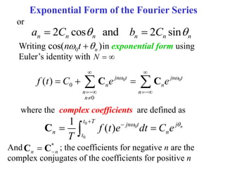 Exponential Form of the Fourier Series
or
2 cos and 2 sin
n n n n n n
a C b C
 
 
Writing in exponential form using
Euler’s identity with
0
cos( )
n
n t
 

N  
0 0
0
0
( ) jn t jn t
n n
n n
n
f t C e e
 
 
 

  
 
C C
where the complex coefficients are defined as
0
0
0
1
( ) n
t T
jn t j
n n
t
f t e dt C e
T
 


 

C
And ; the coefficients for negative n are the
complex conjugates of the coefficients for positive n
*
n n


C C
 