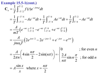  
 
0
/ 2
/ 2
/ 4 / 4 / 2
/ 2 / 4 / 4
/ 4 / 4 / 2
/ 2 / 4 / 4
/ 2 / 2
0
1
( )
1 1 1
| | |
2 2
0
4sin 2sin( )
2 2
T
jn t
n
T
T T T
mt mt mt
T T T
mt T mt T mt T
T T T
jn jn jn jn
f t e dt
T
Ae dt Ae dt Ae dt
T T T
A
e e e
mT
A
e e e e
jn T
A n
n
n

   







  
 
   
 
 

    
  
   
 
  
 
 

  
C
; for even
2
sin ; for odd
2
sin
where
2
n
A
n n
n
x n
A x
x








 
Example 15.5-1(cont.)
 