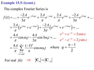 Example 15.5-1(cont.)
The complex Fourier Series is
   
0 0 0 0
0 0 0 0
3 3
3 3
0 0
0
1
2 2 2 2
( )
3 3
2 2
3
4 4
cos cos3
3
4 ( 1)
cos
j t j t j t j t
j t j t j t j t
q
n
n odd
A A A A
f t e e e e
A A
e e e e
A A
t t
A
n t
n
   
   
   
 
 
 


 
 



 
     

    
  

  where
1
2
n
q


For real f(t) n n

 
C C
2cos
2 sin
jx jx
jx jx
e e x
e e j x


 
 
 