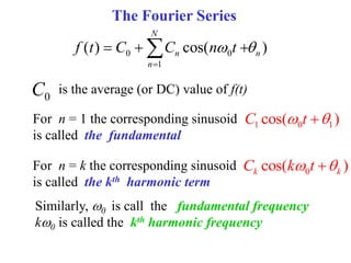 The Fourier Series
0 0
1
( ) cos( )
N
n n
n
f t C C n t
 

  

0
C is the average (or DC) value of f(t)
For n = 1 the corresponding sinusoid
is called the fundamental
1 0 1
cos( )
C t
 

For n = k the corresponding sinusoid
is called the kth harmonic term
0
cos( )
k k
C k t
 

Similarly, 0 is call the fundamental frequency
k0 is called the kth harmonic frequency
 