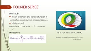 FOURIER SERIES
DEFINITION
 It is an expansion of a periodic function in
terms of an infinite sum of sines and cosines.
 Infinite sum of
sine wave + cosine wave = Fourier series
EXPRESSIONS FIG 8 : HEAT TRANSFER IN A METAL
PLATE
 Reference: www.slideshare.net-Ffourier-
series--by- gle.cmd-nazmul-islam&psig md-nazmul-
islam&psigv
12
 