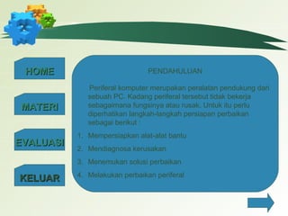 HOMEHOME
MATERIMATERI
EVALUASIEVALUASI
KELUARKELUAR
PENDAHULUAN
Periferal komputer merupakan peralatan pendukung dari
sebuah PC. Kadang periferal tersebut tidak bekerja
sebagaimana fungsinya atau rusak. Untuk itu perlu
diperhatikan langkah-langkah persiapan perbaikan
sebagai berikut :
1. Mempersiapkan alat-alat bantu
2. Mendiagnosa kerusakan
3. Menemukan solusi perbaikan
4. Melakukan perbaikan periferal
 