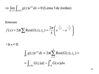 Jordan)de3(Lema0)(lim
)(R
=⇒ ∫∞→ R
izx
dxezg
γ
Entonces:








−==
−−
∑
xx
k eezzGixf 3
2
2
3
5
2
)),((Res2)(
π
π
• Si x < 0:
∫∫
∫ ∑
−
Γ
=
−=
==
R
RR
k
k
izx
dwwGdzzG
zzGidzezg
)()(
)),((Res2)(
)(
2
1
γ
π
41
 
