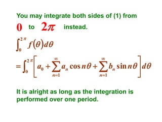 You may integrate both sides of (1) from

0



to

2

instead.

f   d

0



2

2

0



a0   an cos n   bn sin n  d
n 1
n 1






It is alright as long as the integration is
performed over one period.

 