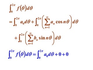

2

f   d

0

2

2

0

0

  a0d  


2

0



2

0



  an cos n  d


 n 1





  bn sin n  d


 n 1



2

f   d   a0d  0  0
0

 