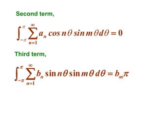 Second term,




  a


n 1

n

cos n sin m d  0

Third term,




b



n

n1

sin n sin m d  bm

 
