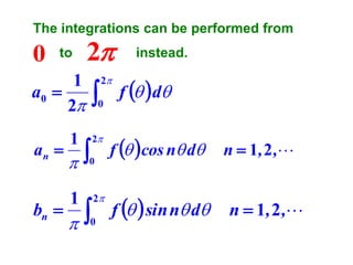 The integrations can be performed from

0

to

2

1
a0 
2



2

0

an 



2

bn 

1

2

1

0




0

instead.

f   d

f   cos n d

f   sin n d

n  1, 2 ,

n  1, 2 ,

 
