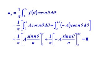 an 

1




2
0

f   cos n d

2
1 

A cos n d    A cos n d 
 0







2

1  sin n 
1
sin n 
 A
    A n   0

n 0



 
