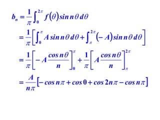 bn 

1



2
0

f   sin n d

2
1 

A sin n d    A sin n d 




  0



2

1
cos n 
1  cos n 
  A
 A

n 0  
n 


A
 cos n  cos 0  cos 2n  cos n 

n

 