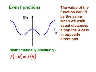 Even Functions
f(

Mathematically speaking -

f     f  

The value of the
function would
be the same
when we walk
equal distances
along the X-axis
in opposite
directions.

 