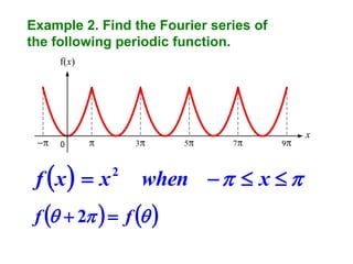 Example 2. Find the Fourier series of
the following periodic function.
f(x)

x
0

f x   x

2

when    x  

f   2   f  

 
