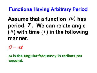 Functions Having Arbitrary Period

Assume that a function f t  has
period, T . We can relate angle
(  ) with time ( t ) in the following
manner.

  t
 is the angular frequency in radians per
second.

 