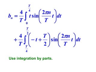4
bn 
T
4

T

T
4

 2n 
t sin
t  dt
 T 
0
T
2

T   2n 

t dt
  t   sin
T 
2  T 
4

Use integration by parts.

 
