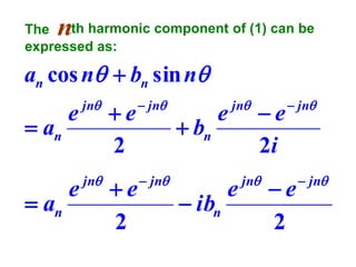 n

th harmonic component of (1) can be
The
expressed as:

an cos n  bn sin n
 an

 an

e

e

jn

jn

e
2

 jn

e
2

 jn

 bn

e

 ibn

jn

e

e
2i

jn

 jn

e
2

 jn

 