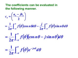 The coefficients can be evaluated in
the following manner.

 an  jbn 
cn  

2 

1 
j

 f  cos nd  2
2


1

2



1

2










  f  sin n d


f  cos n  j sin n d

f   e

 jn

d

 