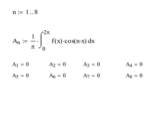 n  1  8
2

1 
An   f ( x) cos( nx) dx
 0
A1  0

A2  0

A3  0

A4  0

A5  0

A6  0

A7  0

A8  0

 