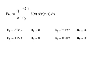 2

1 
Bn  
 0

f ( x) sin( nx) dx

B1  6.366

B2  0

B3  2.122

B4  0

B5  1.273

B6  0

B7  0.909

B8  0

 