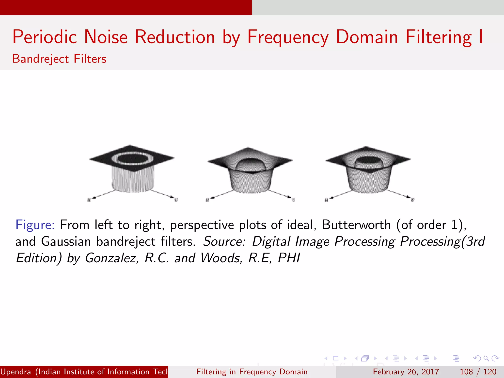 Periodic Noise Reduction by Frequency Domain Filtering I
Bandreject Filters
Figure: From left to right, perspective plots of ideal, Butterworth (of order 1),
and Gaussian bandreject ﬁlters. Source: Digital Image Processing Processing(3rd
Edition) by Gonzalez, R.C. and Woods, R.E, PHI
Upendra (Indian Institute of Information Technology, Allahabad[4ex] Image and Video Processing)Filtering in Frequency Domain February 26, 2017 108 / 120
 