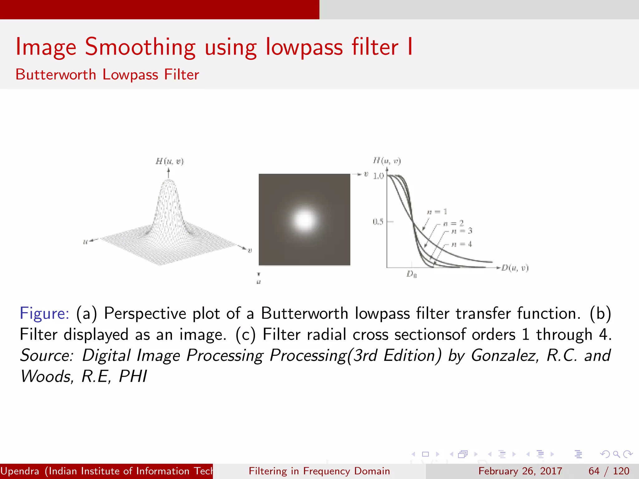 Image Smoothing using lowpass ﬁlter I
Butterworth Lowpass Filter
Figure: (a) Perspective plot of a Butterworth lowpass ﬁlter transfer function. (b)
Filter displayed as an image. (c) Filter radial cross sectionsof orders 1 through 4.
Source: Digital Image Processing Processing(3rd Edition) by Gonzalez, R.C. and
Woods, R.E, PHI
Upendra (Indian Institute of Information Technology, Allahabad[4ex] Image and Video Processing)Filtering in Frequency Domain February 26, 2017 64 / 120
 
