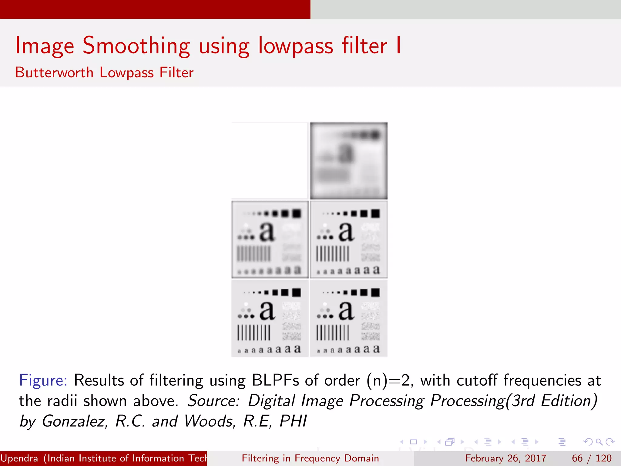 Image Smoothing using lowpass ﬁlter I
Butterworth Lowpass Filter
Figure: Results of ﬁltering using BLPFs of order (n)=2, with cutoﬀ frequencies at
the radii shown above. Source: Digital Image Processing Processing(3rd Edition)
by Gonzalez, R.C. and Woods, R.E, PHI
Upendra (Indian Institute of Information Technology, Allahabad[4ex] Image and Video Processing)Filtering in Frequency Domain February 26, 2017 66 / 120
 