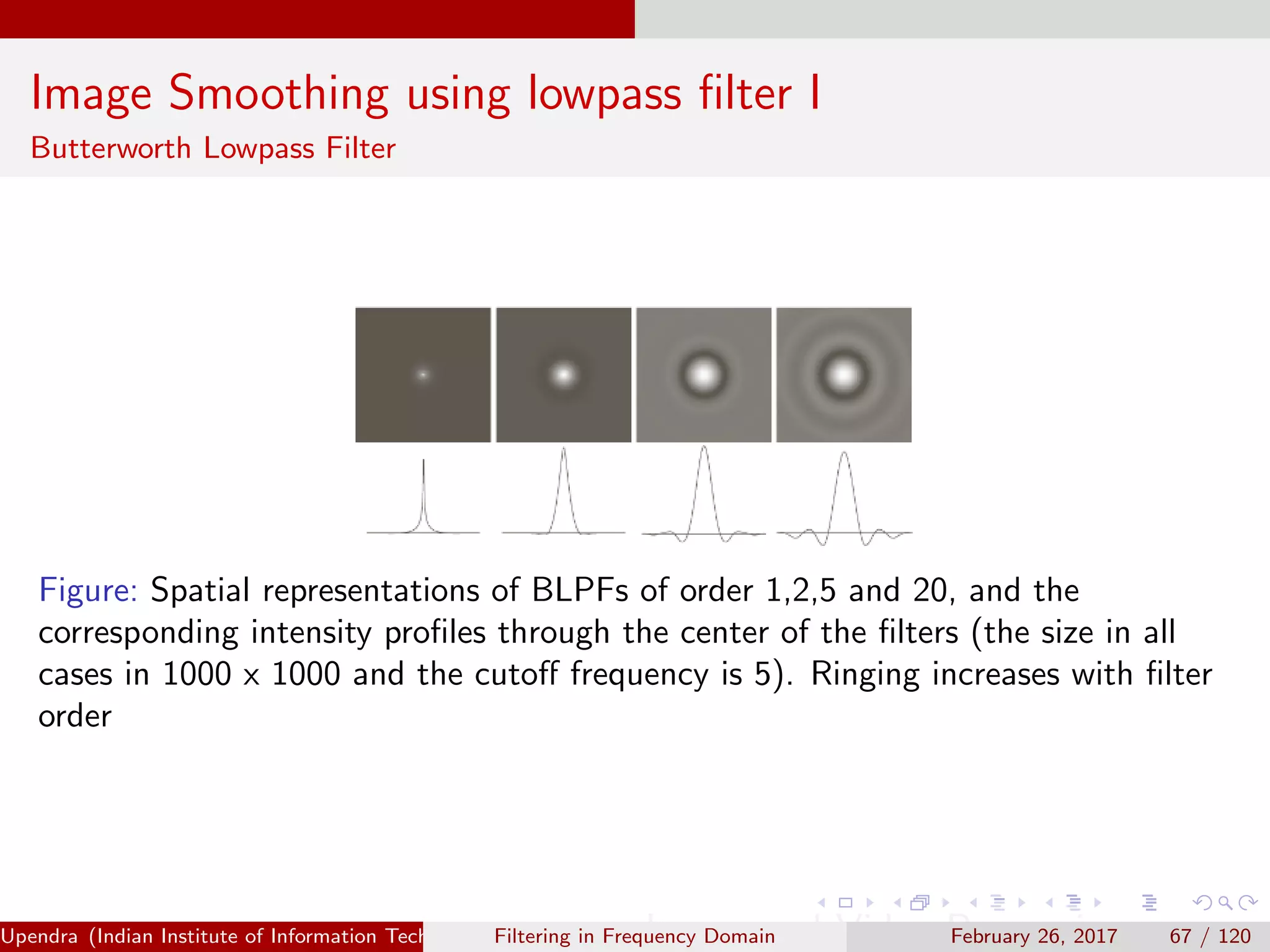 Image Smoothing using lowpass ﬁlter I
Butterworth Lowpass Filter
Figure: Spatial representations of BLPFs of order 1,2,5 and 20, and the
corresponding intensity proﬁles through the center of the ﬁlters (the size in all
cases in 1000 x 1000 and the cutoﬀ frequency is 5). Ringing increases with ﬁlter
order
Upendra (Indian Institute of Information Technology, Allahabad[4ex] Image and Video Processing)Filtering in Frequency Domain February 26, 2017 67 / 120
 
