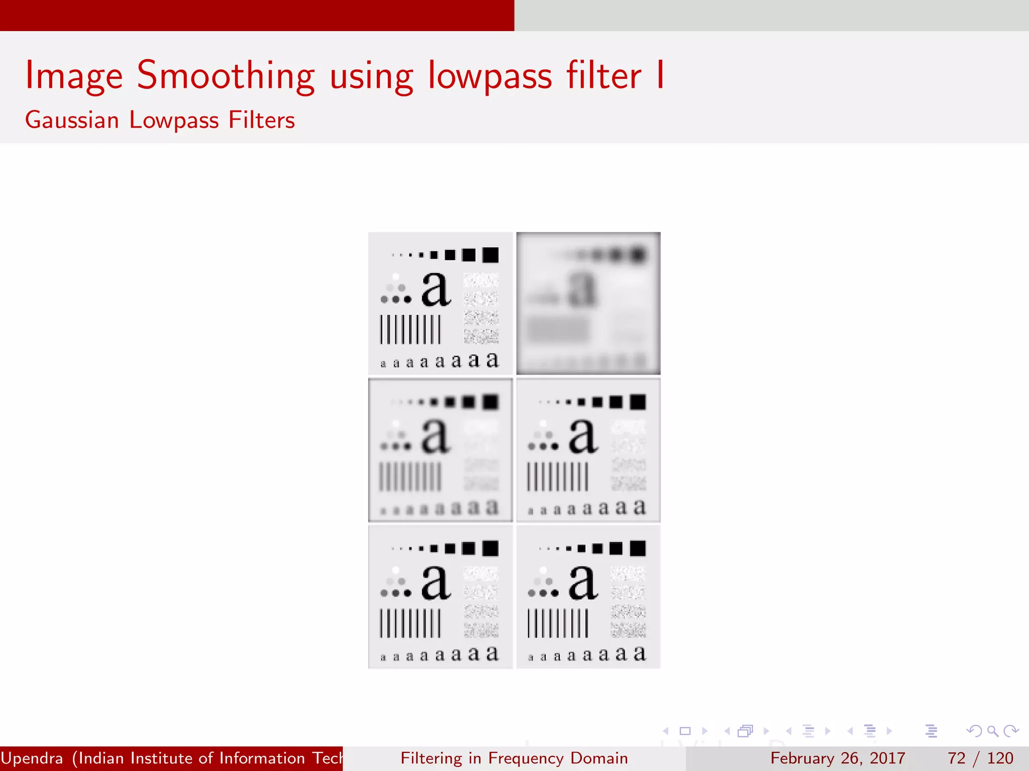Image Smoothing using lowpass ﬁlter I
Gaussian Lowpass Filters
Upendra (Indian Institute of Information Technology, Allahabad[4ex] Image and Video Processing)Filtering in Frequency Domain February 26, 2017 72 / 120
 