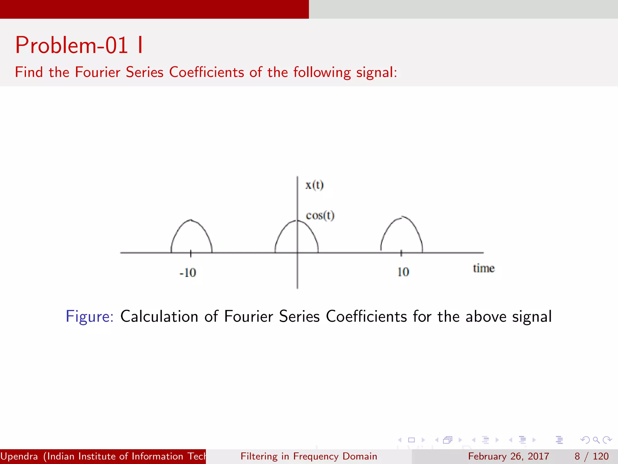 Problem-01 I
Find the Fourier Series Coeﬃcients of the following signal:
Figure: Calculation of Fourier Series Coeﬃcients for the above signal
Upendra (Indian Institute of Information Technology, Allahabad[4ex] Image and Video Processing)Filtering in Frequency Domain February 26, 2017 8 / 120
 
