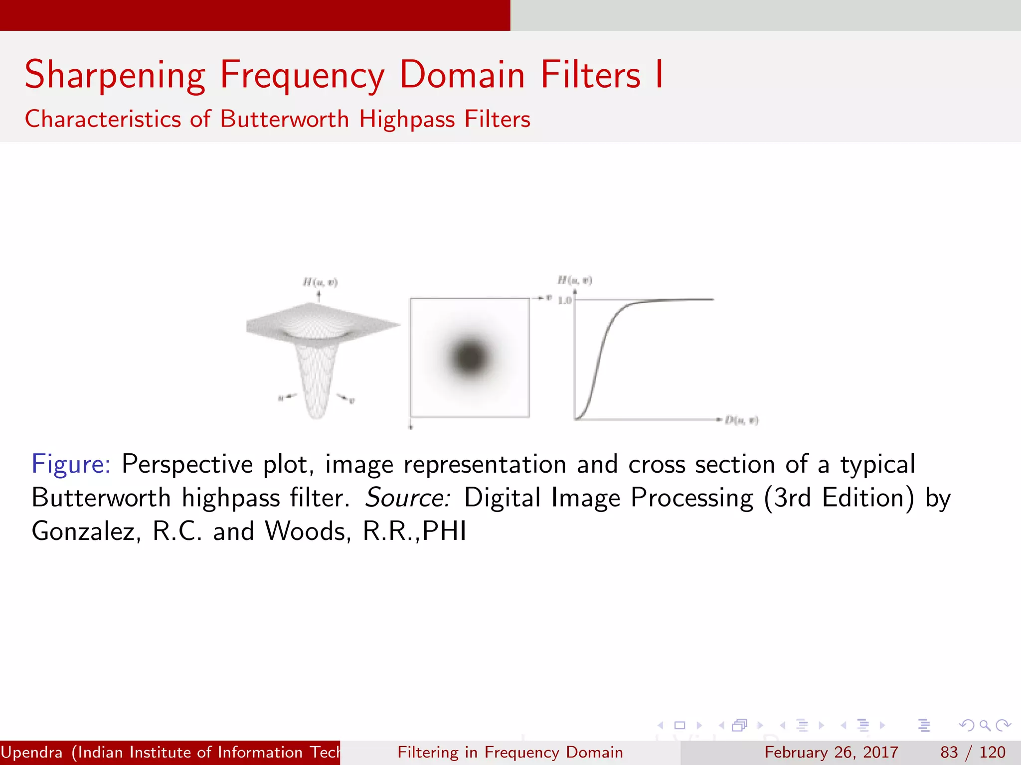 Sharpening Frequency Domain Filters I
Characteristics of Butterworth Highpass Filters
Figure: Perspective plot, image representation and cross section of a typical
Butterworth highpass ﬁlter. Source: Digital Image Processing (3rd Edition) by
Gonzalez, R.C. and Woods, R.R.,PHI
Upendra (Indian Institute of Information Technology, Allahabad[4ex] Image and Video Processing)Filtering in Frequency Domain February 26, 2017 83 / 120
 