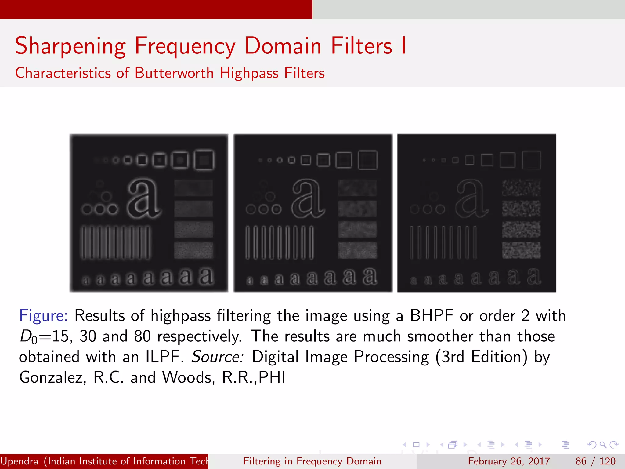 Sharpening Frequency Domain Filters I
Characteristics of Butterworth Highpass Filters
Figure: Results of highpass ﬁltering the image using a BHPF or order 2 with
D0=15, 30 and 80 respectively. The results are much smoother than those
obtained with an ILPF. Source: Digital Image Processing (3rd Edition) by
Gonzalez, R.C. and Woods, R.R.,PHI
Upendra (Indian Institute of Information Technology, Allahabad[4ex] Image and Video Processing)Filtering in Frequency Domain February 26, 2017 86 / 120
 