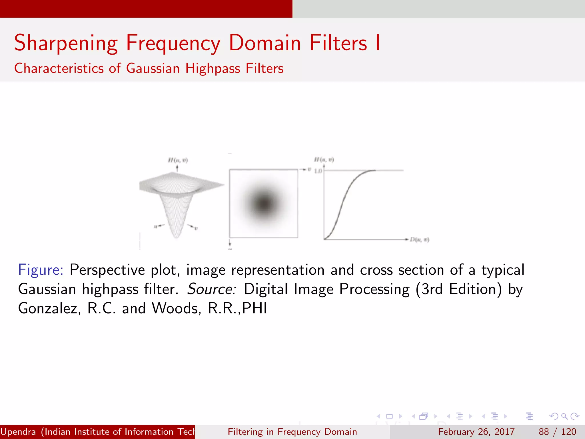 Sharpening Frequency Domain Filters I
Characteristics of Gaussian Highpass Filters
Figure: Perspective plot, image representation and cross section of a typical
Gaussian highpass ﬁlter. Source: Digital Image Processing (3rd Edition) by
Gonzalez, R.C. and Woods, R.R.,PHI
Upendra (Indian Institute of Information Technology, Allahabad[4ex] Image and Video Processing)Filtering in Frequency Domain February 26, 2017 88 / 120
 