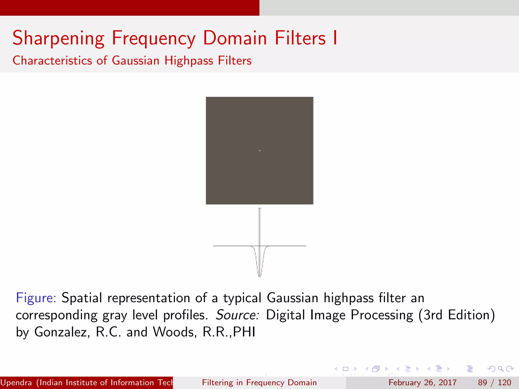 Sharpening Frequency Domain Filters I
Characteristics of Gaussian Highpass Filters
Figure: Spatial representation of a typical Gaussian highpass ﬁlter an
corresponding gray level proﬁles. Source: Digital Image Processing (3rd Edition)
by Gonzalez, R.C. and Woods, R.R.,PHI
Upendra (Indian Institute of Information Technology, Allahabad[4ex] Image and Video Processing)Filtering in Frequency Domain February 26, 2017 89 / 120
 