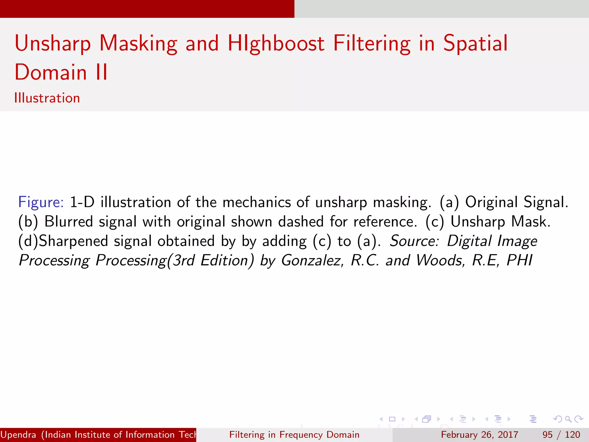 Unsharp Masking and HIghboost Filtering in Spatial
Domain II
Illustration
Figure: 1-D illustration of the mechanics of unsharp masking. (a) Original Signal.
(b) Blurred signal with original shown dashed for reference. (c) Unsharp Mask.
(d)Sharpened signal obtained by by adding (c) to (a). Source: Digital Image
Processing Processing(3rd Edition) by Gonzalez, R.C. and Woods, R.E, PHI
Upendra (Indian Institute of Information Technology, Allahabad[4ex] Image and Video Processing)Filtering in Frequency Domain February 26, 2017 95 / 120
 