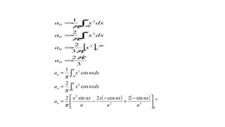 [ ]
3
2
3
2
2
1
2
0
0
3
0
0
2
0
2
0
π
π
π
π
π
π
π
π
=
=
=
=
∫
∫−
a
xa
dxxa
dxxa
( ) ( ) π
π
π
π
π
π
π
0
32
2
0
2
2
sin2cos2sin2
cos
2
cos
1





 −
+
−
−=
=
=
∫
∫−
n
nx
n
nxx
n
nxx
a
nxdxxa
nxdxxa
n
n
n
 