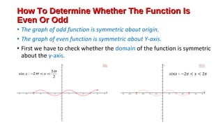 • The graph of odd function is symmetric about origin.
• The graph of even function is symmetric about Y-axis.
• First we have to check whether the domain of the function is symmetric
about the y-axis.
How To Determine Whether The Function IsHow To Determine Whether The Function Is
Even Or OddEven Or Odd
f(x)=sin x
-3π -5π/2 -2π -3π/2 -π -π/2 π/2 π 3π/2 2π 5π/2 3π
-9
-8
-7
-6
-5
-4
-3
-2
-1
1
2
3
4
5
6
7
8
9
x
y
2
5
2:sin
π
π <<− xx
f(x)=sin x
-3π -5π/2 -2π -3π/2 -π -π/2 π/2 π 3π/2 2π 5π/2 3π
-9
-8
-7
-6
-5
-4
-3
-2
-1
1
2
3
4
5
6
7
8
9
x
y
 