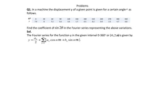 Problems
Q1. In a machine the displacement y of a given point is given for a certain angle as
follows.
Find the coefficient of in the Fourier series representing the above variations.
Sol.
The Fourier series for the function y in the given interval 0-360o
or ( ) is given by
θ
0 30 60 90 120 150 180 210 240 270 300 350
7.9 8 7.2 5.6 3.6 1.7 0.5 0.2 0.9 2.5 4.7 6.8
°θ
y
( ).sincos
2 1
0
∑
∞
=
++=
n
nn xnbxna
a
y ππ
π2,0
θ2sin
 