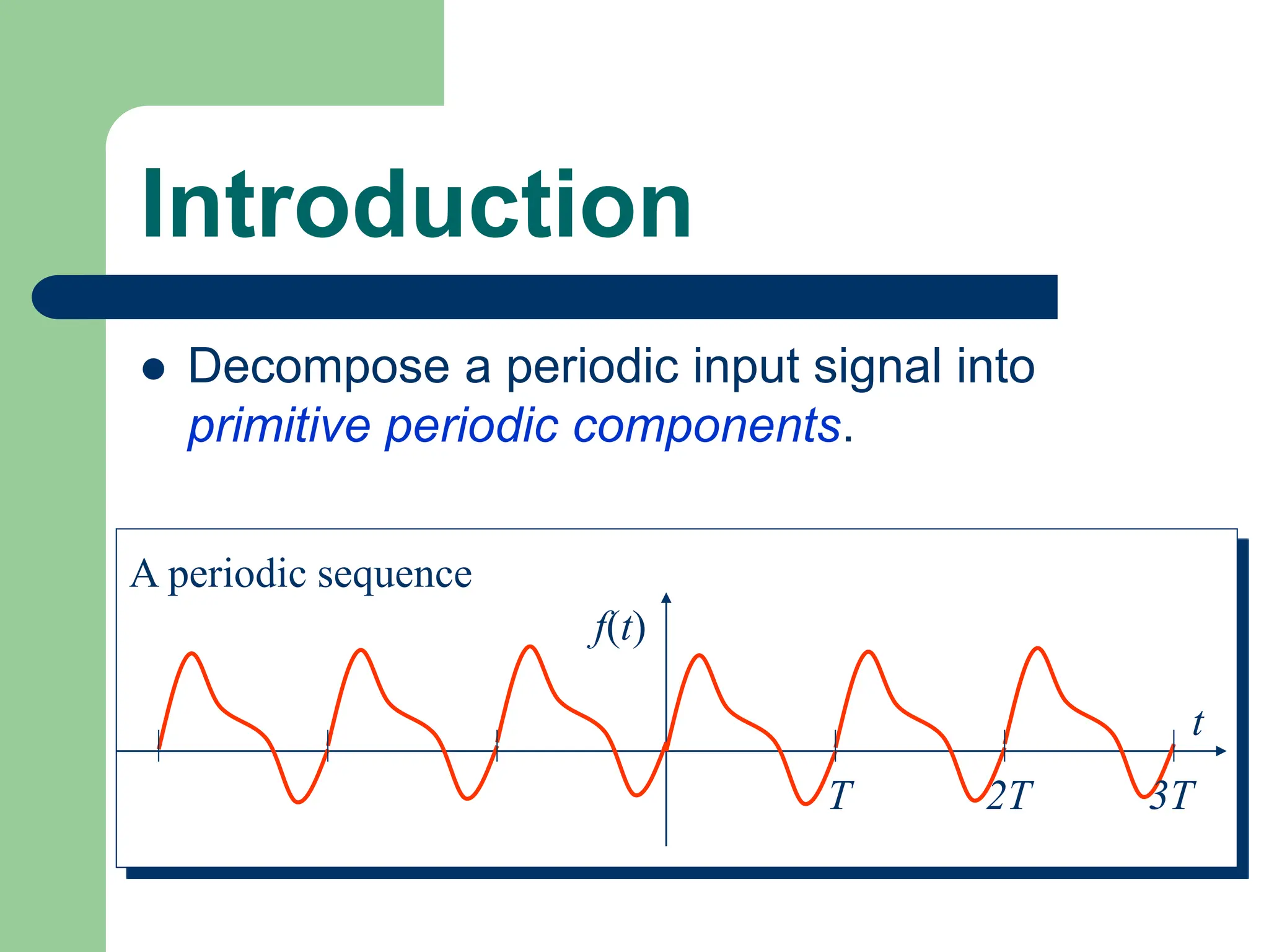 Introduction
 Decompose a periodic input signal into
primitive periodic components.
A periodic sequence
T 2T 3T
t
f(t)
 