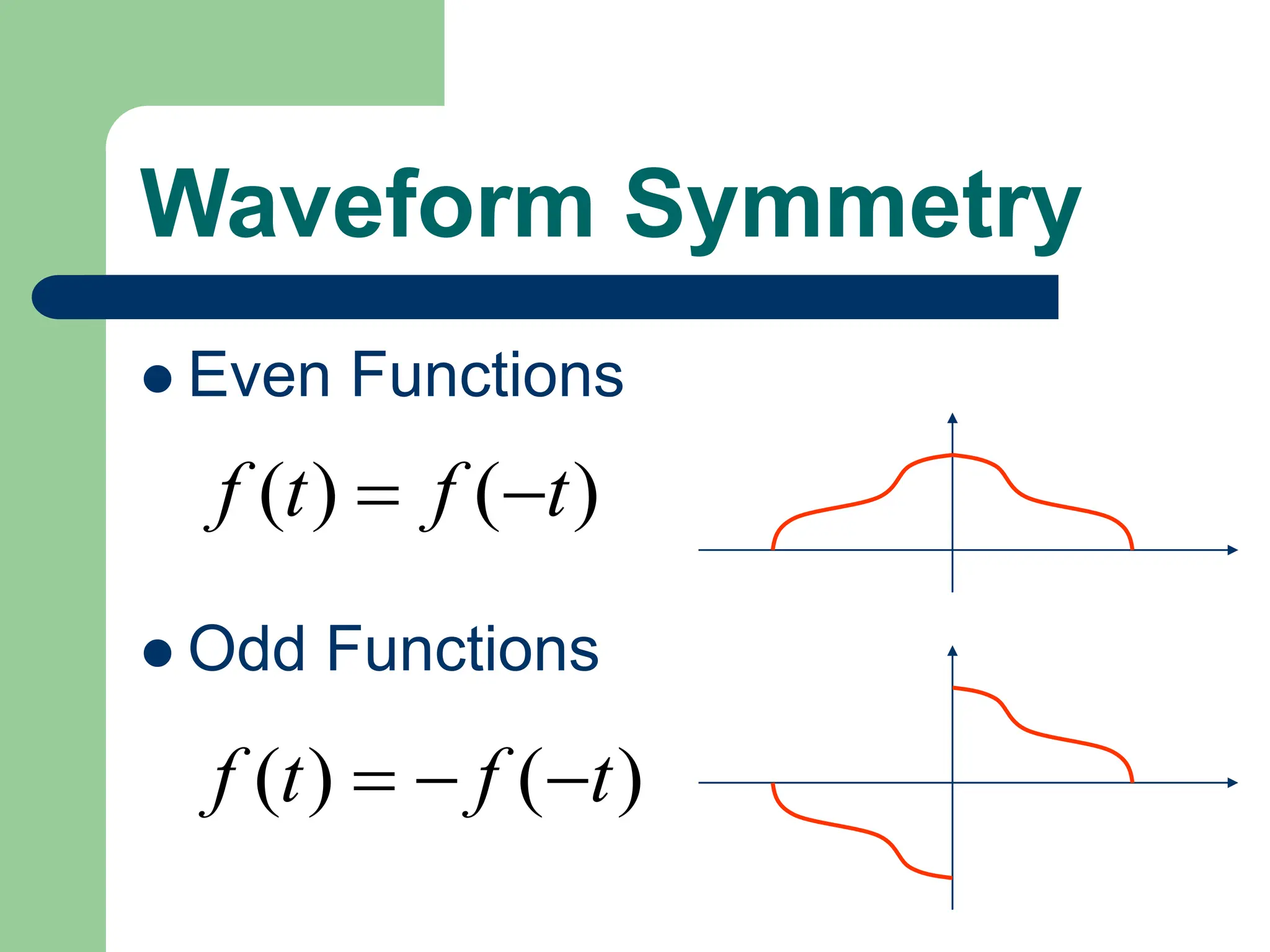 Waveform Symmetry
 Even Functions
 Odd Functions
)
(
)
( t
f
t
f 

)
(
)
( t
f
t
f 


 