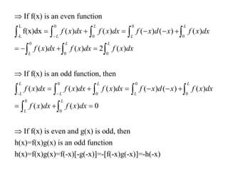 L 0 0
-L 0 0
0
0 0
0 0
- 0
If f(x) is an even function
f(x)dx ( ) ( ) ( ) ( ) ( )
( ) ( ) 2 ( )
If f(x) is an odd function, then
( ) ( ) ( ) ( ) ( ) ( )
L L
L L
L L
L
L L
L L L
f x dx f x dx f x d x f x dx
f x dx f x dx f x dx
f x dx f x dx f x dx f x d x f x dx



     
   

     
    
  
    0
0
0
( ) ( ) 0
If f(x) is even and g(x) is odd, then
h(x)=f(x)g(x) is an odd function
h(x)=f(x)g(x)=f(-x)[-g(-x)]=-[f(-x)g(-x)]=-h(-x)
L
L
L
f x dx f x dx
  


 
 