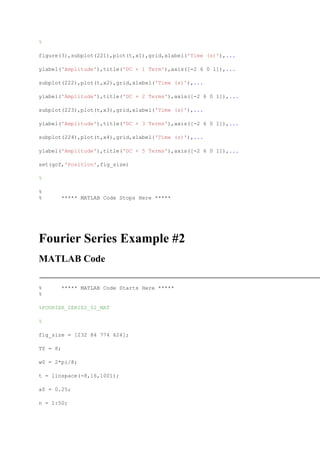 %

figure(3),subplot(221),plot(t,x1),grid,xlabel('Time (s)'),...

ylabel('Amplitude'),title('DC + 1 Term'),axis([-2 6 0 1]),...

subplot(222),plot(t,x2),grid,xlabel('Time (s)'),...

ylabel('Amplitude'),title('DC + 2 Terms'),axis([-2 6 0 1]),...

subplot(223),plot(t,x3),grid,xlabel('Time (s)'),...

ylabel('Amplitude'),title('DC + 3 Terms'),axis([-2 6 0 1]),...

subplot(224),plot(t,x4),grid,xlabel('Time (s)'),...

ylabel('Amplitude'),title('DC + 5 Terms'),axis([-2 6 0 1]),...

set(gcf,'Position',fig_size)

%

%
%         ***** MATLAB Code Stops Here *****




Fourier Series Example #2
MATLAB Code

%         ***** MATLAB Code Starts Here *****
%

%FOURIER_SERIES_02_MAT

%

fig_size = [232 84 774 624];

T0 = 8;

w0 = 2*pi/8;

t = linspace(-8,16,1001);

a0 = 0.25;

n = 1:50;
 