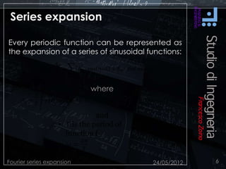Series expansion
Every periodic function can be represented as
the expansion of a series of sinusoidal functions:
24/05/2012Fourier series expansion 6
where
 