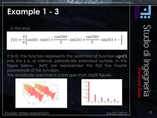 Example 1 - 3
24/05/2012Fourier series expansion 9
in the end:
If b=0, the function represents the restriction of function sgn(t)
into the ] interval, periodically extended outside. In the
figure below (left) are represented the first five Fourier
polynomials of this function.
The amplitude spectrum is a line spectrum (right figure).
 