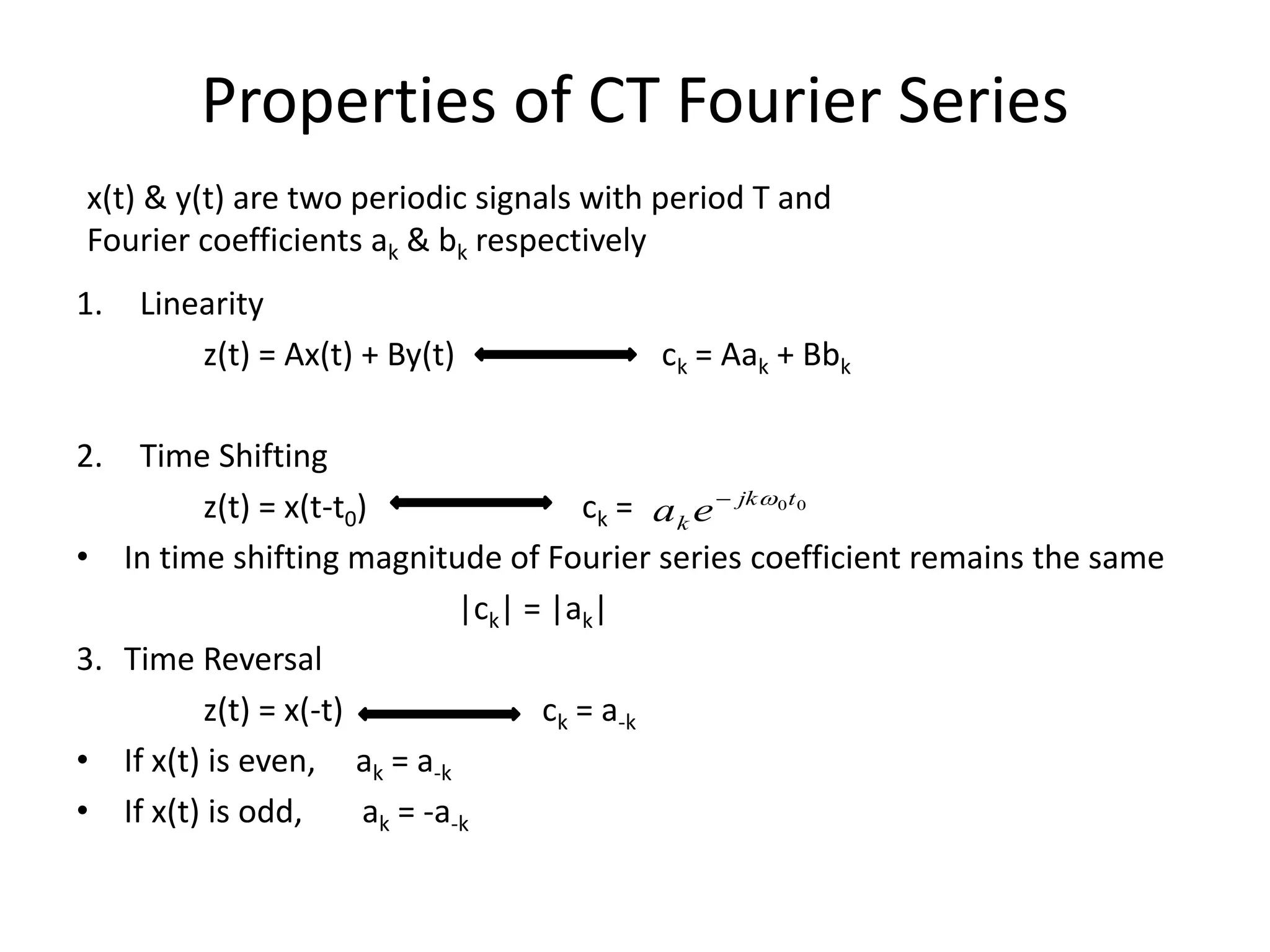 Properties of CT Fourier Series
1. Linearity
z(t) = Ax(t) + By(t) ck = Aak + Bbk
2. Time Shifting
z(t) = x(t-t0) ck =
• In time shifting magnitude of Fourier series coefficient remains the same
|ck| = |ak|
3. Time Reversal
z(t) = x(-t) ck = a-k
• If x(t) is even, ak = a-k
• If x(t) is odd, ak = -a-k
x(t) & y(t) are two periodic signals with period T and
Fourier coefficients ak & bk respectively
00tjk
k ea 
 