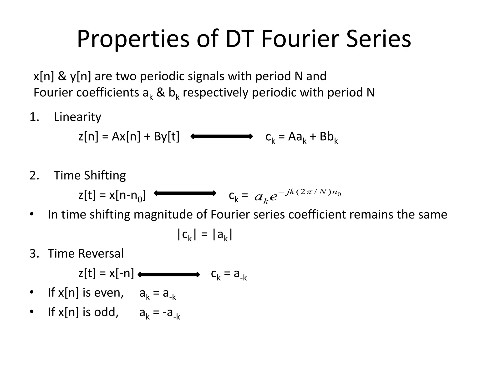 Properties of DT Fourier Series
1. Linearity
z[n] = Ax[n] + By[t] ck = Aak + Bbk
2. Time Shifting
z[t] = x[n-n0] ck =
• In time shifting magnitude of Fourier series coefficient remains the same
|ck| = |ak|
3. Time Reversal
z[t] = x[-n] ck = a-k
• If x[n] is even, ak = a-k
• If x[n] is odd, ak = -a-k
x[n] & y[n] are two periodic signals with period N and
Fourier coefficients ak & bk respectively periodic with period N
0)/2( nNjk
k ea 
 