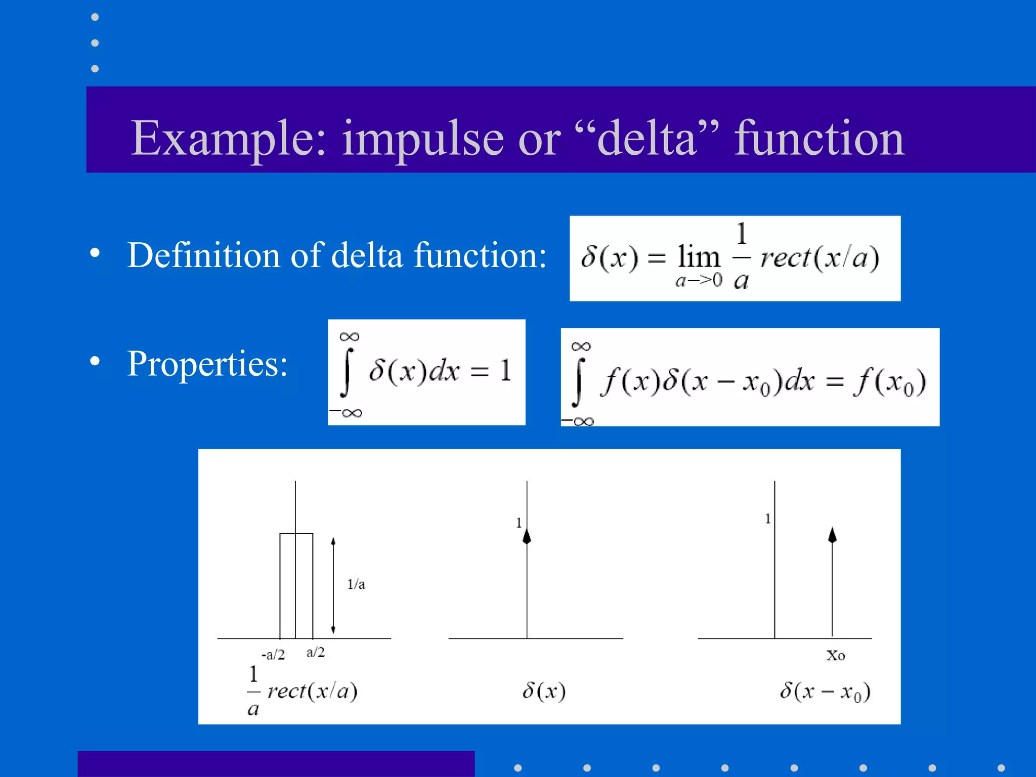 Example: impulse or “delta” function

• Definition of delta function:

• Properties:
 